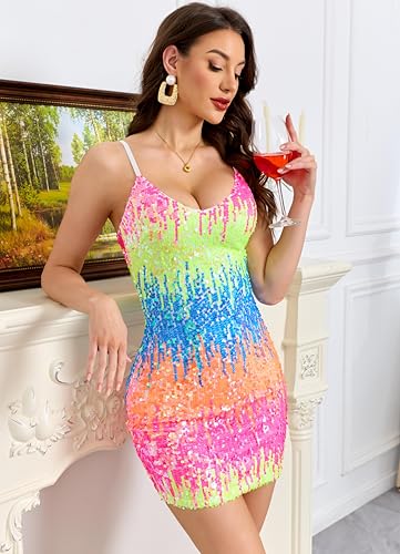 Image of Women's Glitter Sequin Dress Adjustable Spaghetti Strap Fashion Sparkle Party Dresses