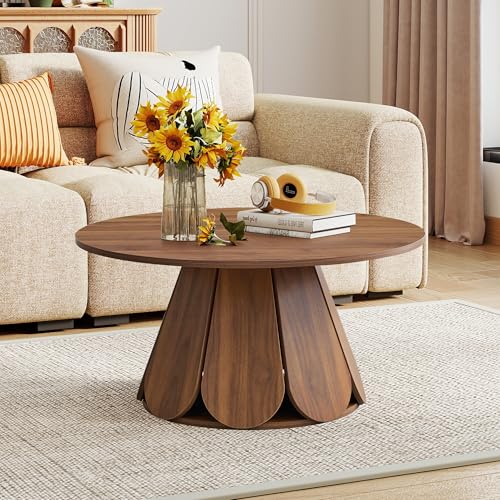Round Coffee Table, Modern Farmhouse Wood Circle Center Table with Pedestal Base for Small Space, Living Room, Apartment, Walnut