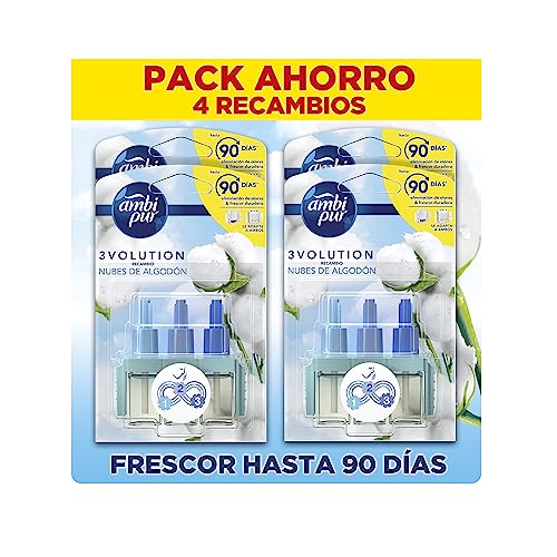 Ambipur 3Volution Algodon Recambio De Ambientador Electrico, 4 Unidades, 3 Aromas Que Se Alternan Para Eliminar Olores, Aroma Nubes de Algodon