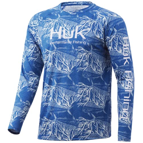 HUK Men's Standard Pattern Pursuit Long Sleeve Performance Fishing Shirt, Mahi Stripes Blue, Large