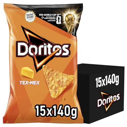 DORITOS Tex Mex Nachos de Maíz Sabor Queso para Aperitivo y Fiestas, Bolsas Individuales de 140 g, Pack de 15