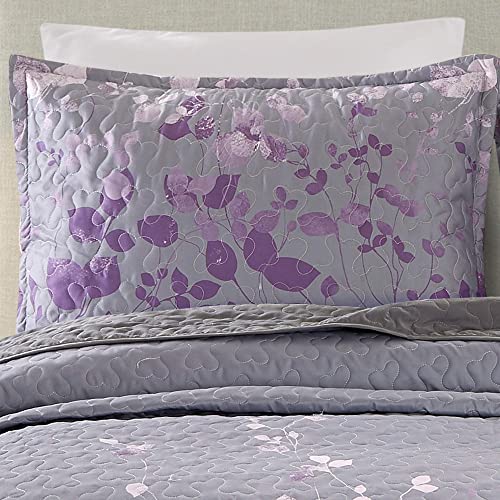 Masterplay 3-Piece Fine Printed Quilt Set, Bedspread Coverlet Full Size (Double) Bed Cover (Dark Grey, Purple Gradient, Vine) #TOP2
