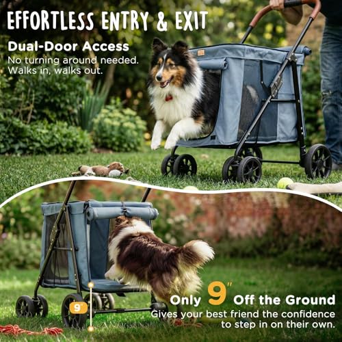 Image of CANINE CANYON Scout Pet Stroller, Heavy Duty Dog Stroller for Large & Medium Dogs, Foldable Pet Stroller for 2 Dogs with All-Terrain Wheels, Storage Pocket & Cup Holder, 55 lbs Capacity, Grey