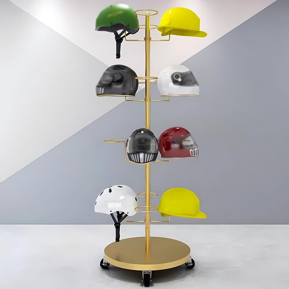 YNBSHGAA 4-Tier Rotatable Helmet Hat Display Rack, Adjustable Spacing Metal Circular Stand with Hooks, for Hat Store Retail Shop,Gold-55x55x177cm