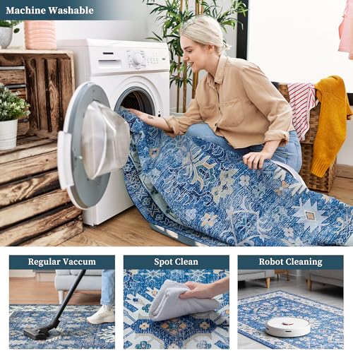Vintage 8x10 Washable Area Rug, Low-Profile Large Area Rug with Non-Slip Backing & Durable Edge Binding, Pet-Friendly Carpet, Large Rug for Living Room, Bedroom, Dinning Room