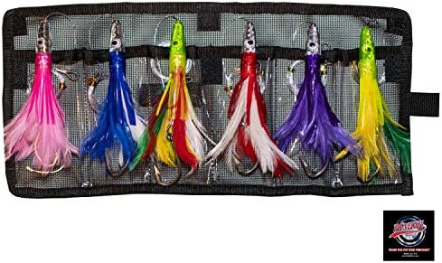 Set of 6 Tuna Flasher Lures, Rigged with 150 lb Leader and Ready to Go! with Black Mesh Bag