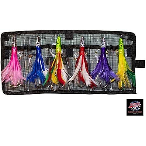 Set of 6 Tuna Flasher Lures, Rigged with 150 lb Leader and Ready to Go! with Black Mesh Bag Cover