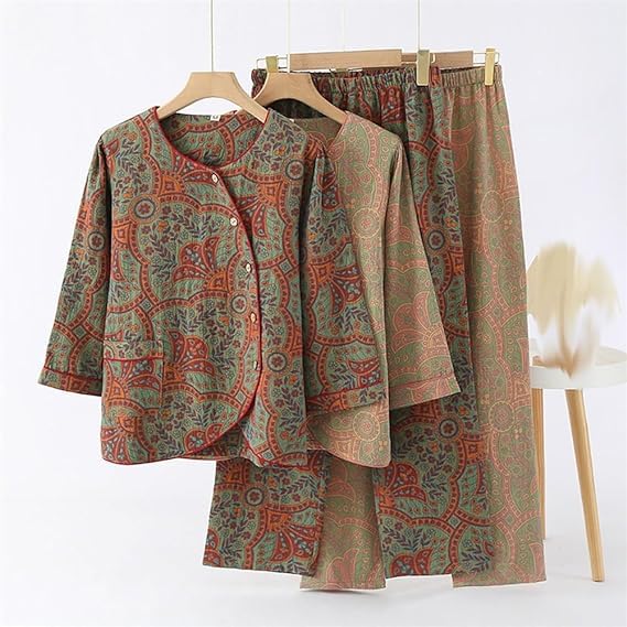 Women Sleepwear Vintage Jacquard Round Neck Button Cotton Loungewear Set, Long Sleeve Cotton Sleepwear