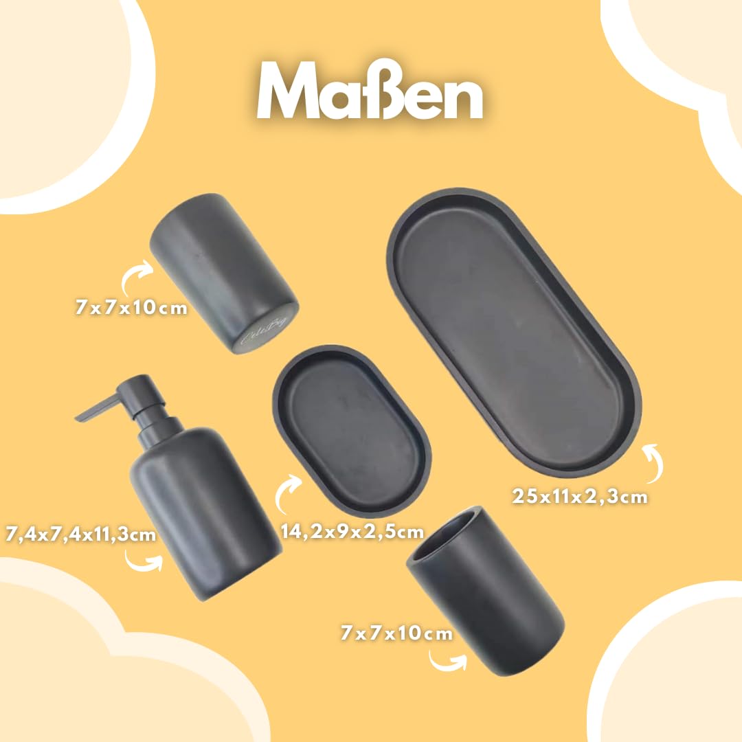 Badezimmer Set 5-teilig | Badezimmer Organizer | Bad Accessoires | Seifenspender Set aus Harz | Zahnputzbecher | Seifenhalter | Becher | Schale | Schwarz