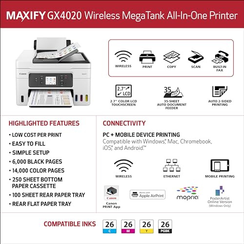 Image of Canon Megatank GX4020 All-in-One Wireless Supertank Printer with Print, Copy, Scan and Fax | Auto Document Feeder | Mobile Printing | 2.7 inch LCD Touch Screen | WI-FI All-in-One, Megatank Gi-26 Ink, Up to 6K B and W and 14K Color, 2.7 LCD Touch, 50-Sheet Sadf, Duplex