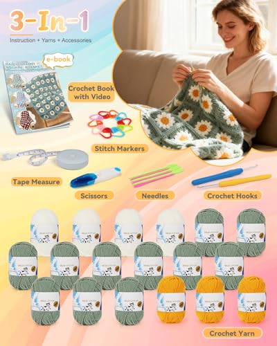 Image of Coopay Crochet Kit for Beginners, Easy Granny Square Crochet Blanket Kit | Crochet Kit W /Video Tutorial & Digital Instructions, All Accessories Included, Easy Knitting to Create Granny Square Blanket