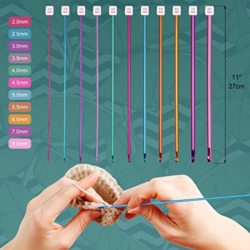 Image of Aeelike Tunisian Crochet Hooks, 11pcs Aluminum Crochet Hooks B-L for Crocheting, Crochets Hook Set with Roll Vintage Bag (2mm to 8mm)