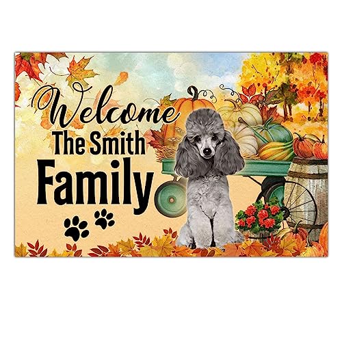 Personalized Fall Welcome Door Mat Poodle Doormat Pumpkin Thanksgiving Autumn Doormat Indoor Outdoor Entrance Low-Profile Floor Non Slip Rug Mats Housewarming Gift for Dog Lover