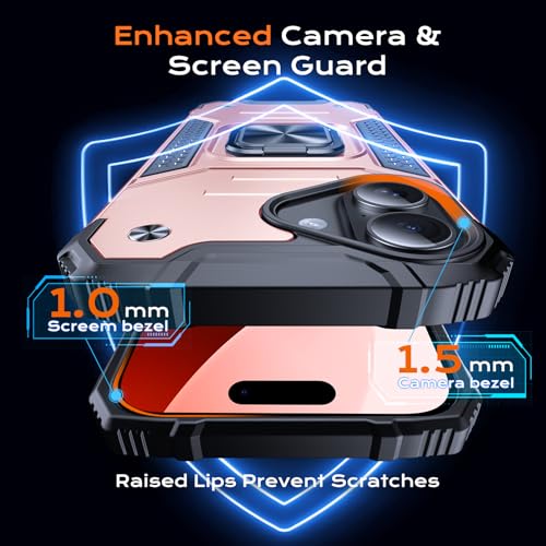 Image of Anqrp Heavy Duty Case for iPhone 16 Case with Enhanced Ring Holder Grip Stand, Military Grade Shockproof Rugged Drop Protective Silicone Hard Slim iPhone 16 Phone Case Cover,Pink Gold
