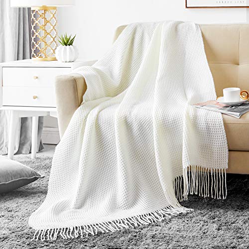 Hansleep Plaid para Sofá, 130x150 cm Waffle Manta Foulard de Punto con Franjas Suave para Cama Sillón - Poliéster Acrílico Cubrecama, Blanco