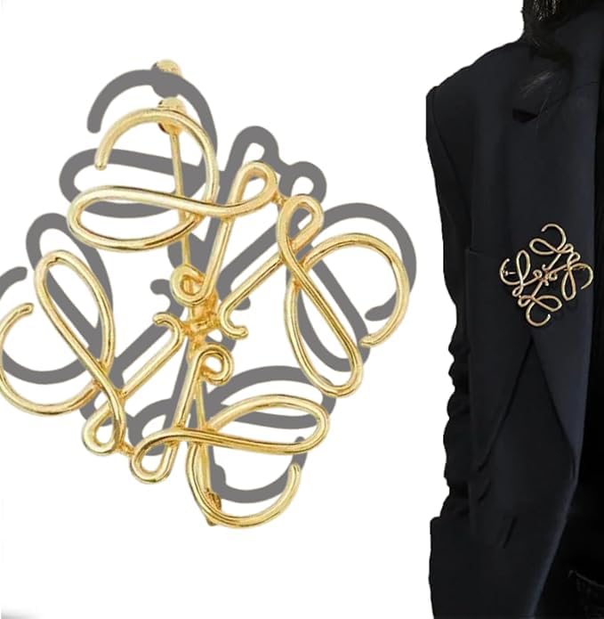 Gold Tone Brooch Pin, Metal Fashion Accessory for Women Party Outfit Coat Scarf Bag Decoration Golden Interlocking Letter Design Brooch