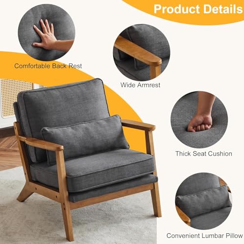 Image of Mid-Century Accent Relax Chair - Wide Armrest Lounge Chair with Linen Fabric with Lumbar Pillow (Gray, 28.3 x 31.5 x 29.5 INCH)