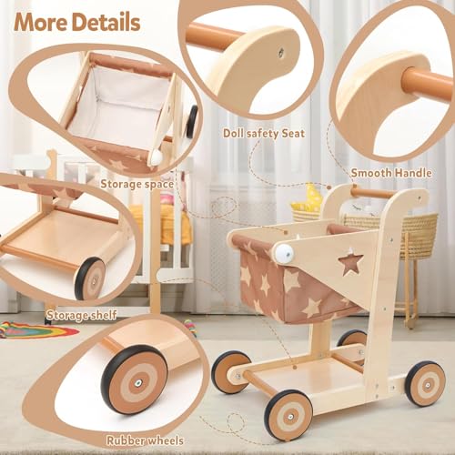 Asweets 2-in-1 Lauflernwagen Holz, Puppenwagen zum Schieben und Ziehen, Baby Walker, Kleinkindspielzeug, Geschenk für Kleinekinder ab 12 Monate+ (Braun)
