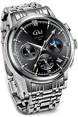 ACHINE Men's Watches Waterproof Fashion Minimalist Casual Stainless Steel Watches for Men 41mm Quartz Analog Sport Black Chronograph Watch with Auto Date