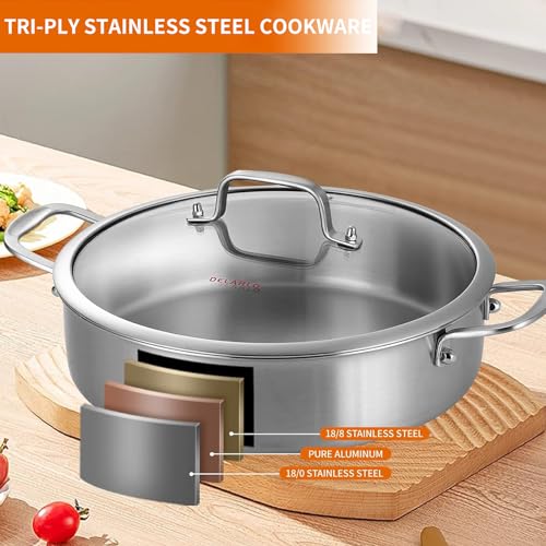 image for DELARLO Tri-Ply Stainless Steel Saute Pan 6 Quarts Deep Frying Pan, La