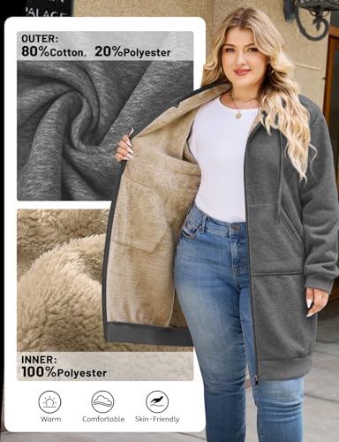 Plus Size Casual Zip Up Hoodie for Women, Long Tunic Fleece Jacket Coat, Warm Winter Hooded Outerwear3