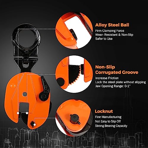 Image of BEAMNOVA 2 Tons Vertical Plate Lifting Clamp, Rotating Ring | Sheet Metal Lifting Rigging Clamp, 4400 lbs Metal Steel Plates Lifter, Heavy Duty Orange Transporting Gripper