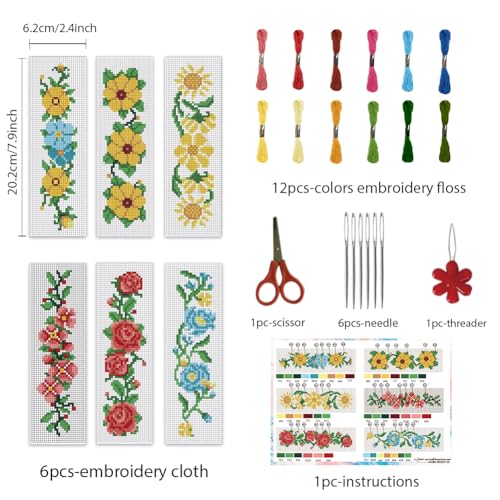 Image of INFUNLY 6 Set Cross Stitch Bookmark Kit Rose Flower DIY Cross Stitch Kit 8 inchx2.4 inch Pre-Printed Sunflower Stamped Embroidery Bookmark with Instruction for Beginners Book Lovers Adults Craft Gift
