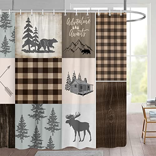 Jjnaee Cabin Bear Shower Curtain Rustic Lodge Moose Country Wildlife Animal Farmhouse Plaid Check Patchwork Brown Bathroom Decor Polyester Fabric Curtains With Hooks 70 X 70 In #TOP3