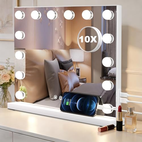 SURFOU Hollywood Schminktischspiegel mit Beleuchtung, Schminkspiegel 14 LED-Lichter mit 3 Farbtemperaturen Licht, dimmbarer Kosmetikspiegel mit Ladeanschlüssen, Touch Control, 50 x 42 cm (Weiß)
