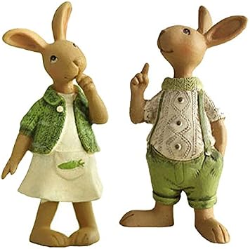 KiaoTime Set of 2 Vintage Rustic Country Bunnies Figurine Ornament Decorative Easter Decor Resin Bunnies Rabbit Egg Figurine Rabbit Statue Standup Bunnies