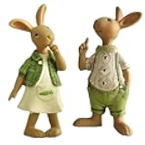 KiaoTime Set of 2 Vintage Rustic Country Bunnies Figurine Ornament Decorative Easter Decor Resin Bunnies Rabbit Egg Figurine Rabbit Statue (Standup Bunnies)