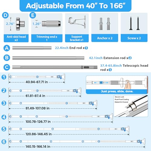 Image of AIZESI 41-165 Inch Heavy Duty Silver Tension Curtain Rod - No Drilling, Adjustable, Rust-Proof for Outdoor, Living Room, Bathroom