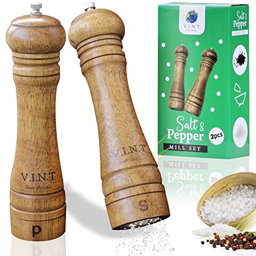 Wooden Salt And Pepper Grinder Set - Adjustable Ceramic Rotor - Refillable Salt And Pepper Mill Set - Pack Of 2 – 8 Inch - Heat Resistant- Food Grade- Eco-Friendly, Brown #TOP28