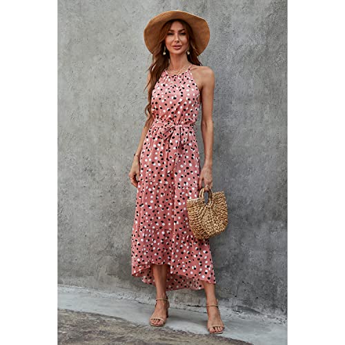 Brovave Women's Summer Casual Boho Polka Dot Sundress Halter Neck Flowy Midi Dresses(003 Pink, S) #TOP3