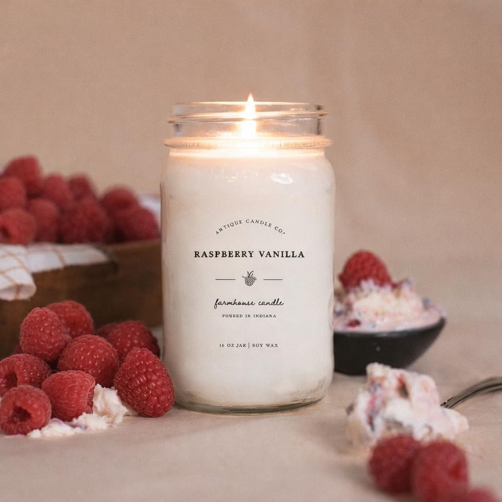 Antique Candle Co.® 16 Ounce Soy Wax Candle, 80 Hour Burn Time, Cotton Wick, Mason Jar Candle (Raspberry Vanilla)