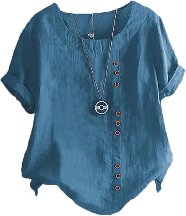 Summer Cotton Linen Dandelion Shirts for Women Beach Short Sleeve Casual Loose Comfy Blouses Tunic Tops