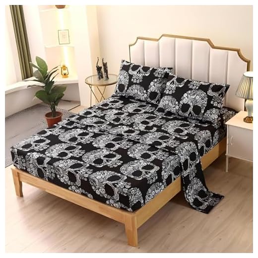 SDIII 4Pcs Goth Skull Queen Sheet Set, Gothic Bedding Sheet Set, Skeleton Queen Bed Sheets, Bed in a Bag Queen for Halloween on Amazon, Queen.