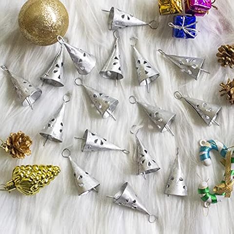 DIYANA IMPEX Vintage Indian Tin Bells Rustic Chime Vintage Jingle Bell Cow Bells Christmas Tree Crafts Decoration Cones (Silver, 20) Cover