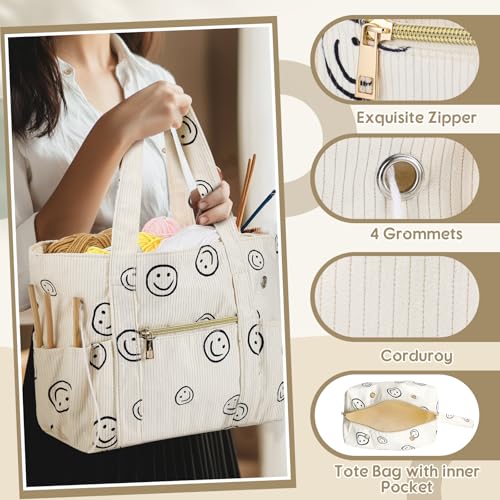 Image of Bulyoou 2 Pcs Crochet Bag and Tote Set, Corduroy Yarn Bag with Grommets, Smile Face Crochet Project Bags Organizer for Hooks, Needles, Knitting Accessories, Gifts for Women Yarn Crafts Lovers