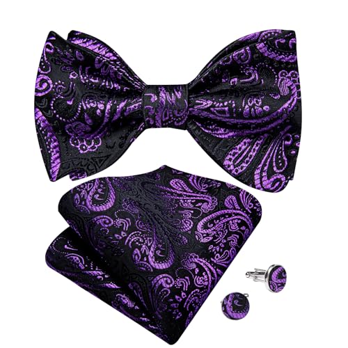 Image of DiBanGu Men Bow Tie Paisley Striped Self-Bow Tie for Men and Silk Woven Bowtie Pocket Square Cufflinks Wedding Party
