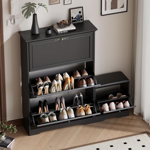 Entryway Shoe Cabinet with Bench, Hidden Storage and Adjustable Shelves, Wooden Shoe Rack and Organizer for Hallway, Mudroom, Closet, Small Apartment3