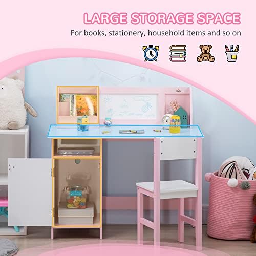 HOMCOM Kids Table and Chair Set 2 PCs Table and Chair Set Multi Use Toddler Furniture w/Whiteboard - Pink
