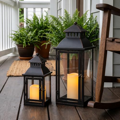 Image of NEEDOMO Lanterns Decorative Outdoor&Indoor, Set of 2 Large Bronze Metal Lantern Decor with Glass, Candle Holder for Porch, Patio, Garden, Balcony, Wedding, Table Centerpiece Decor with LED Candles