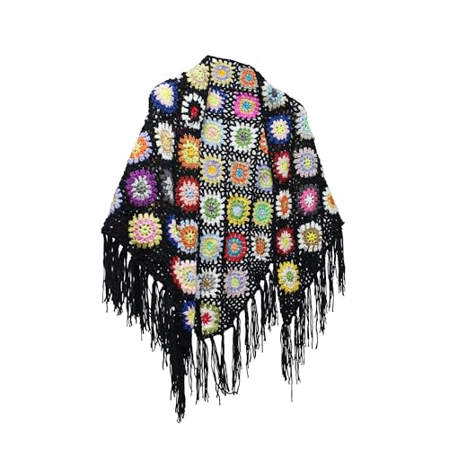 55x25in Handmade Crochet tassels Fringed Poncho Cape Shawls Wraps Granny Square Womens Coat Sweater