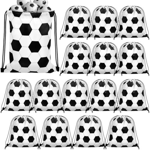 Cakmecwy 16 PCS Soccer Drawstring Bags Small Sport Backpack Bulk Party Favor Bag Travel String Bag Gym Gift Bag Soccer Themed Birthday Party Favors (9.8x11.8 Inch)