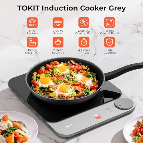 TOKIT Induktionskochfeld 2100W, 16mm Ultradünn Induction Hob 9 Heizstufen, Induktionskochplatte NFC-Online-Rezept, Tasten-Steuerung Induction Cooker Für Küche, Wohnheim, Camping (Grau) – Bild 3