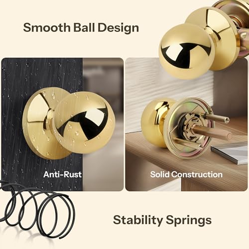 LOQRON Ball Design Door Knob No Lock, Passage Round Shaped Non-Locking Doorknob for Hallway/Closet, Polished Brass Finish - Image 4