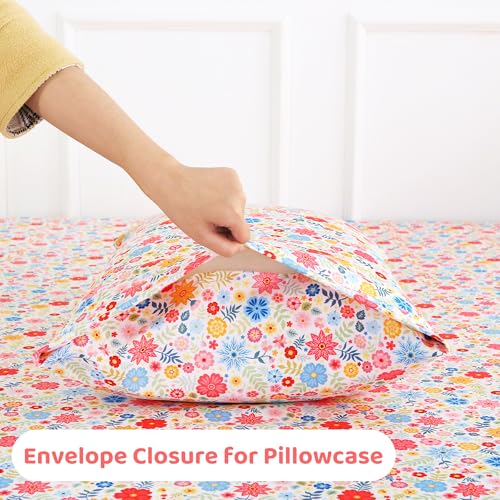 Image of Mooreeke Cozy Floral Microfiber Printed Floral Full Sheet Set - Soft & Breathable Colorful Flower Custers Bed Sheets with Extra Deep Pocket - Non-Slip Fitted Design - Colorful Flower Pattern - Full