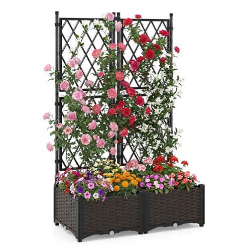 COSTWAY Garden Planter with Trellis Weather-Resistant Trough Grow Box with Self-Watering Device and Drainage Holes Indoor Outdoor Raised Garden Bed for Climbing Vine Plant (80 x 40 x 126 cm)