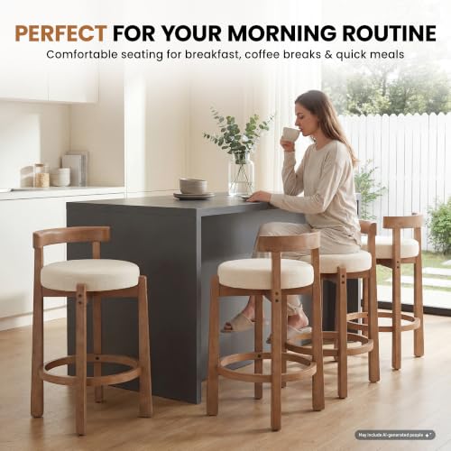 Image of LukeAlon Linen Counter Stools Set of 5, Upholstered 26.5 inch Seat Height Low Barstools with Natural Wood Legs Round Low Back Kitchen Stools with Footrest for Dining Room Bar Coffee Shop, Beige